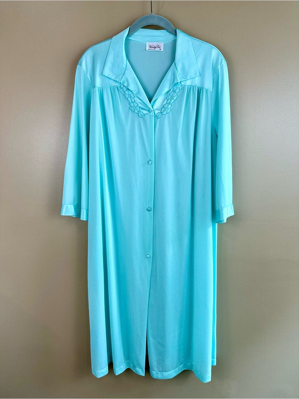 Vtg Vanity Fair Aqua Floral Appliqué Button Front Housecoat Robe Sz M Grannycore